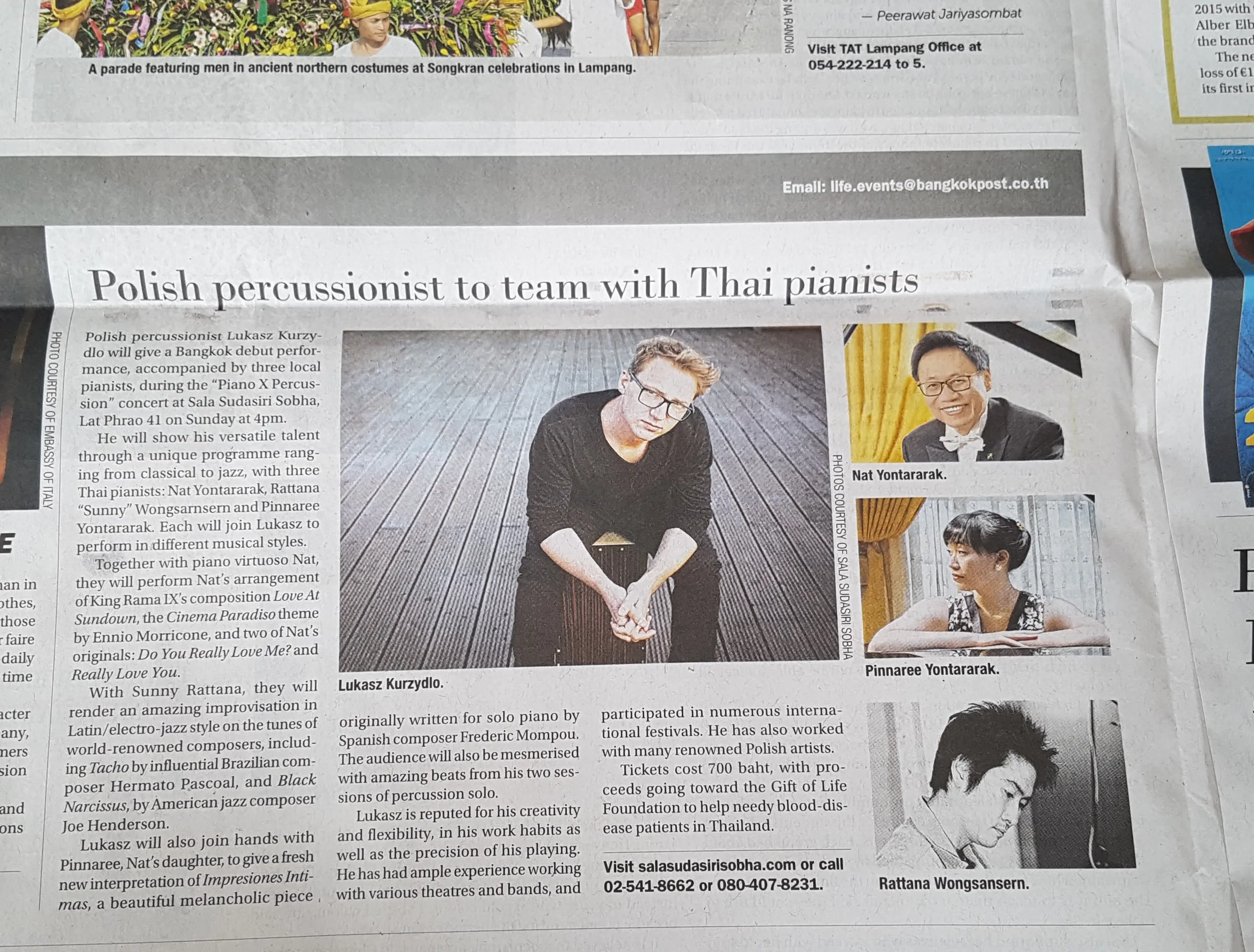 Bangkok Post article “Polish percussionist to team with Thai pianists”, with a photo of Łukasz Kurzydło